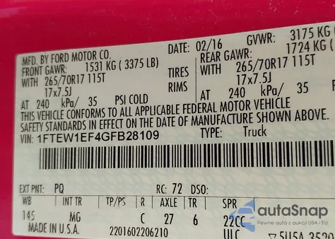 2016 Ford F-150 Xlt из США, поврежденный, VIN 1FTEW1EF4GFB28109